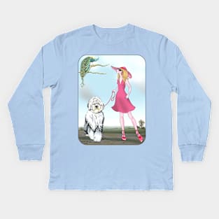 Young Lady with Peacock and Old English Sheepdog. Kids Long Sleeve T-Shirt